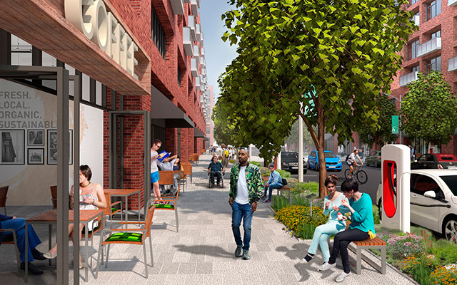 Proposed streetscape rendering of Spring Street within The Tannery District.