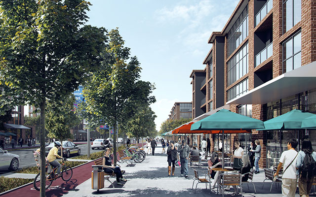 Proposed streetscape rendering within Lock 18 Master Plan.
