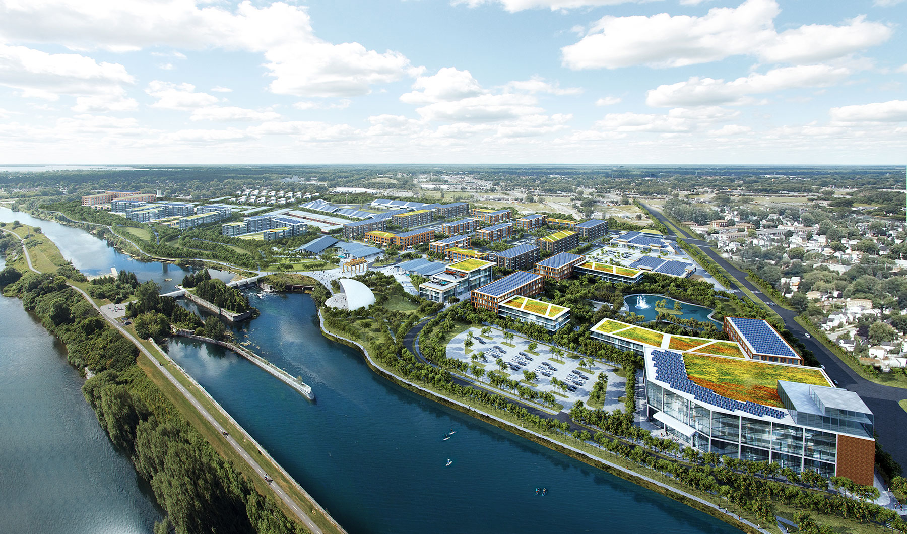 Aerial render of proposed development along Cornwall Canal.